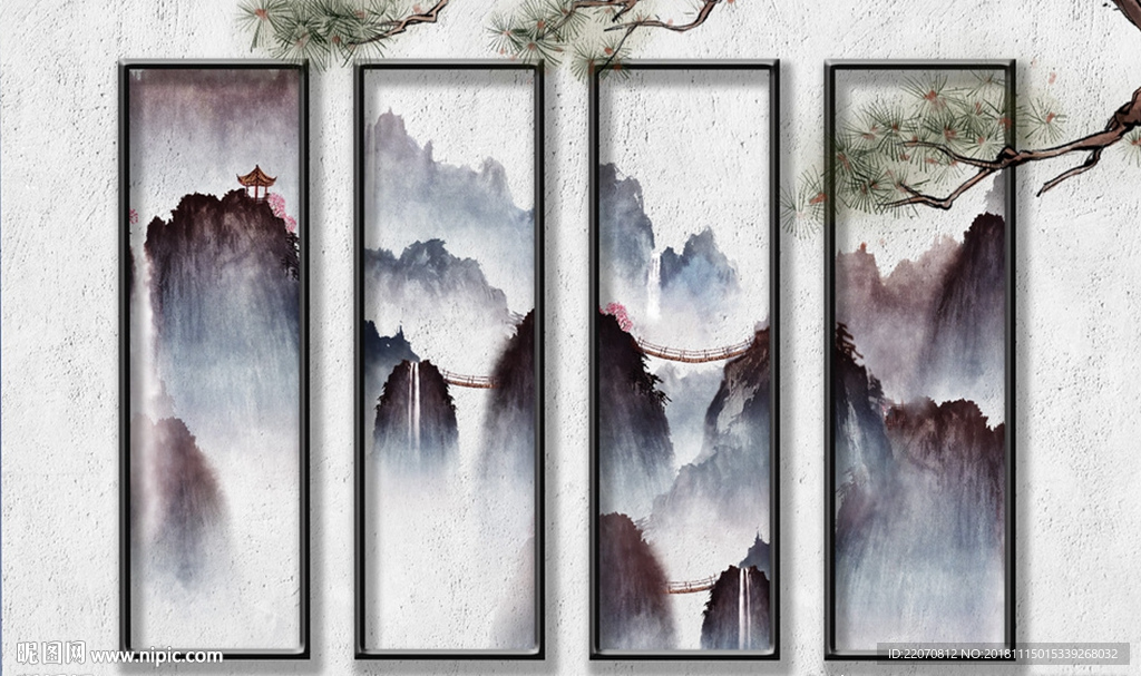 新中式山水楼阁小桥松枝背景墙