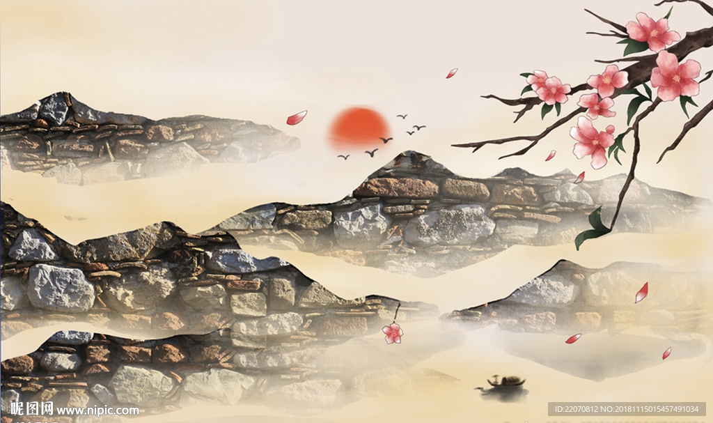 中式石纹意境山水风景背景墙
