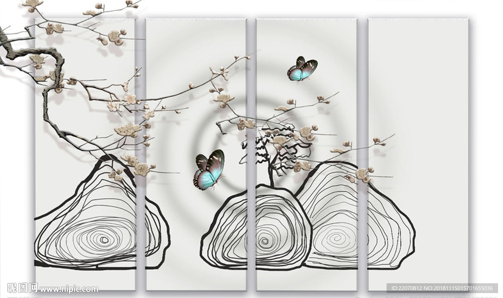中式手绘抽象山水梅花飞蝶背景墙