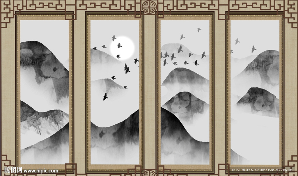 中式手绘山水画水墨背景墙