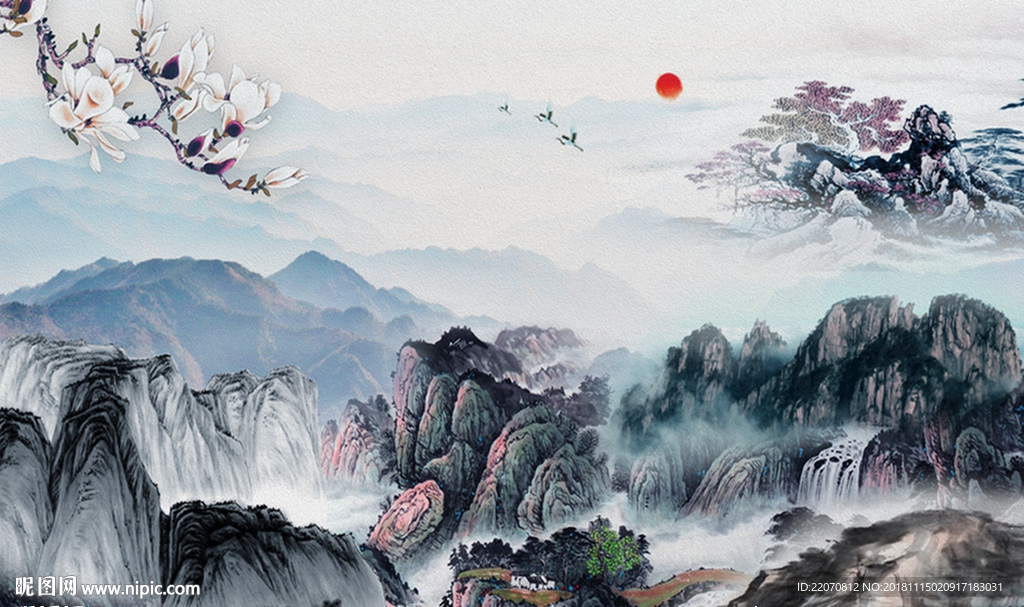 中式水墨山水玉兰花飞鸟背景墙