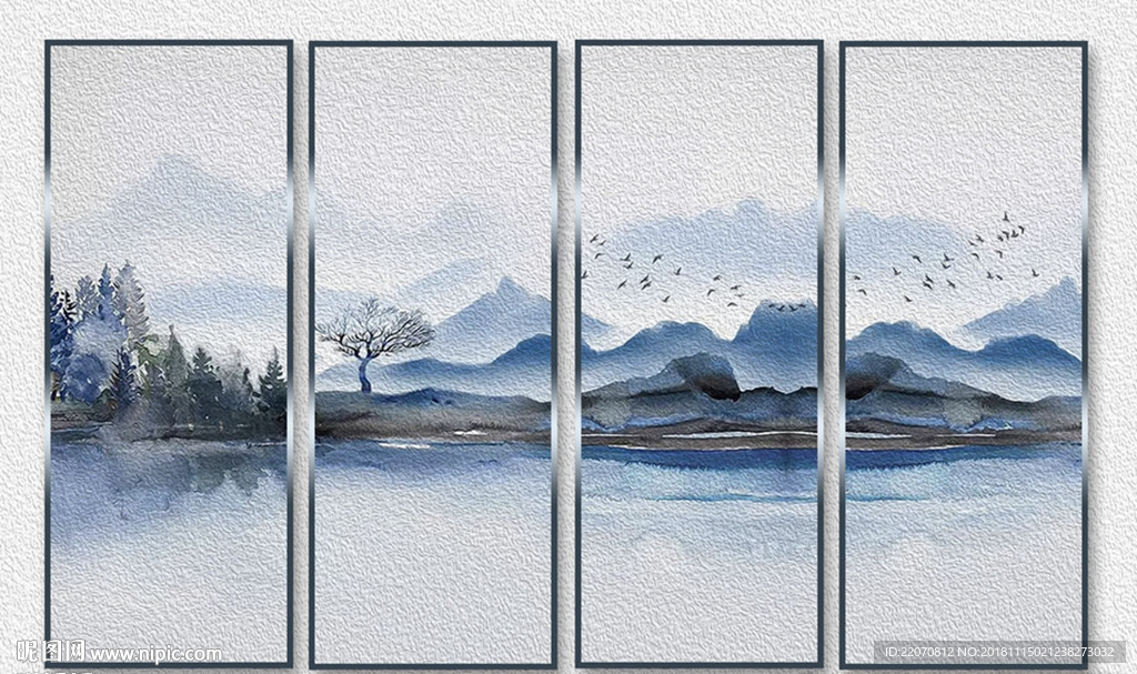 中式意境蓝色山水风景树鸟背景墙