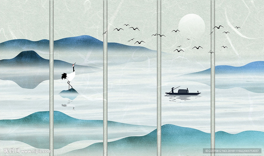 意境质感蓝色山水风景背景墙