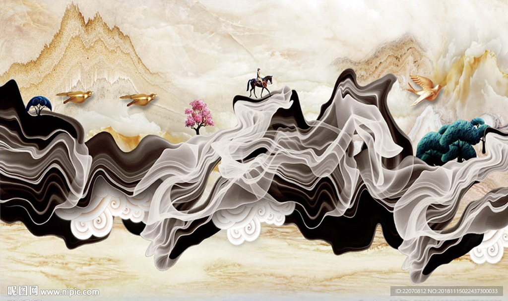 抽象山水画马儿飞鸟背景墙