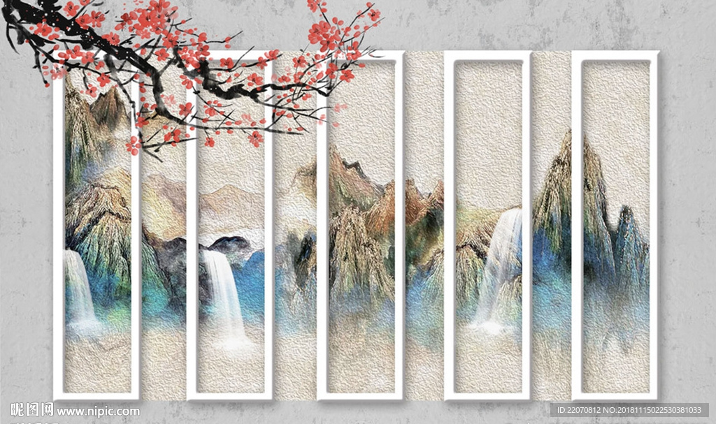 彩色山河瀑布花枝油画背景墙