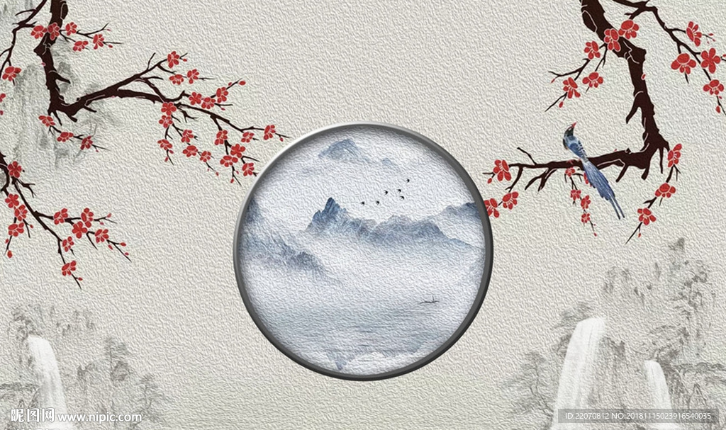中式水墨山花枝瀑布背景墙