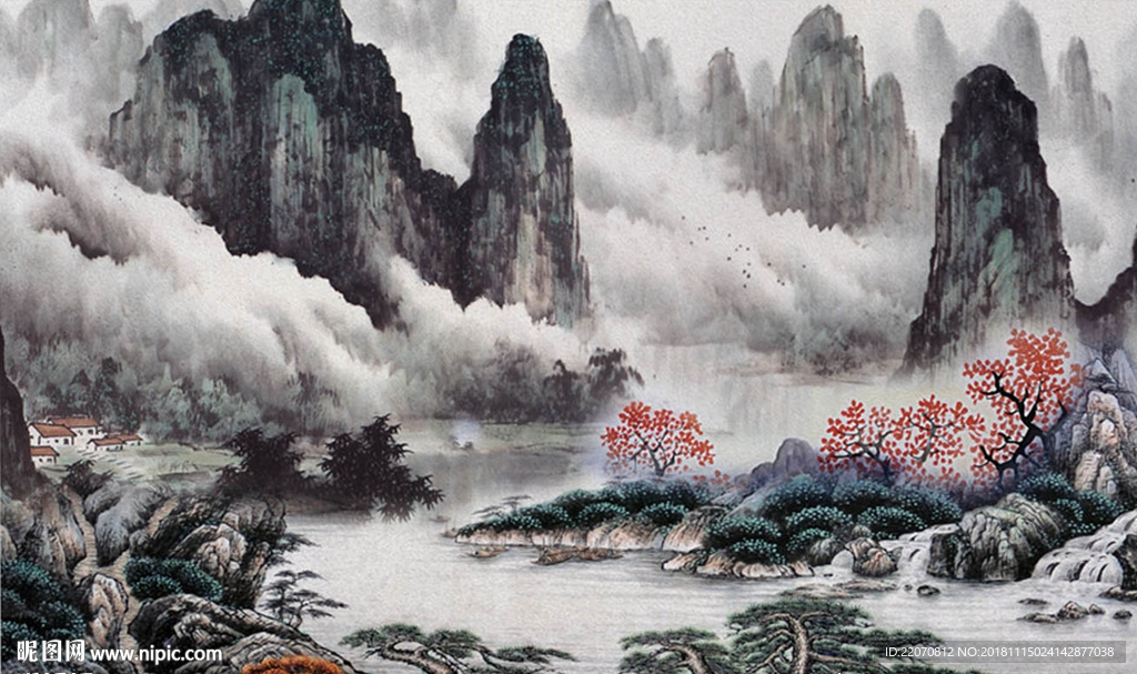 唯美手绘意境山水画背景墙