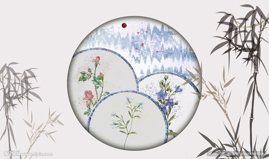 大气竹子日出水墨植物背景墙