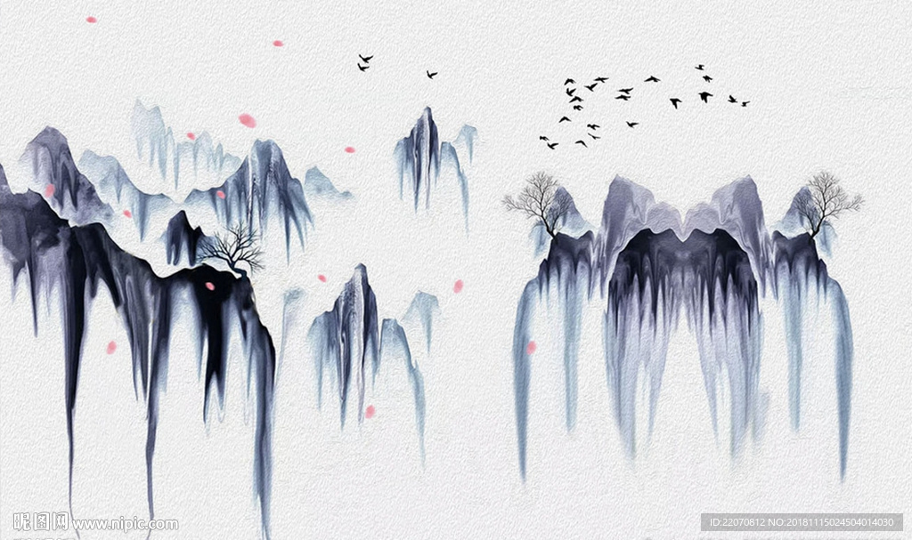 水墨山鸟花瓣油画背景墙