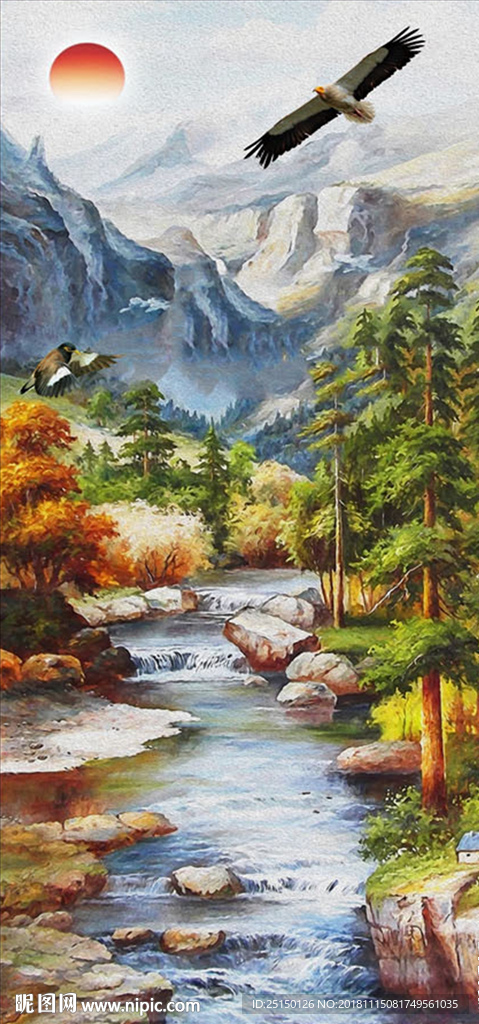 中式油画意境山峰森林小溪装饰画