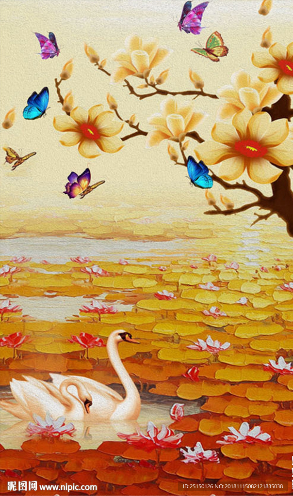 金色荷塘天鹅花卉蝴蝶画
