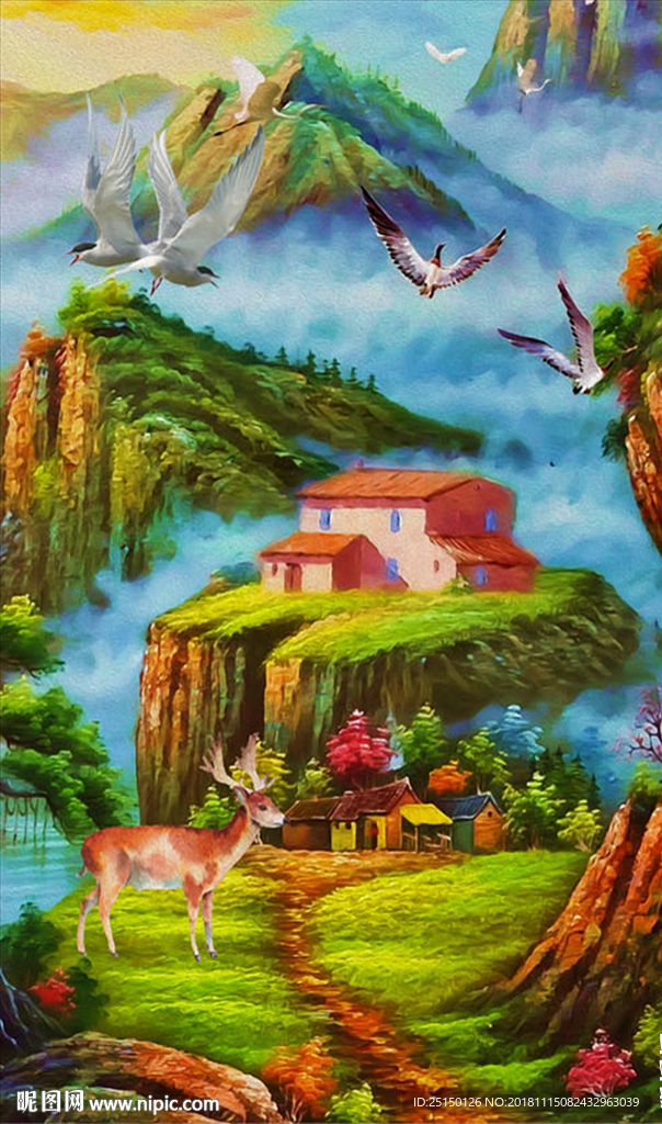 瀑布风景画小鹿装饰画