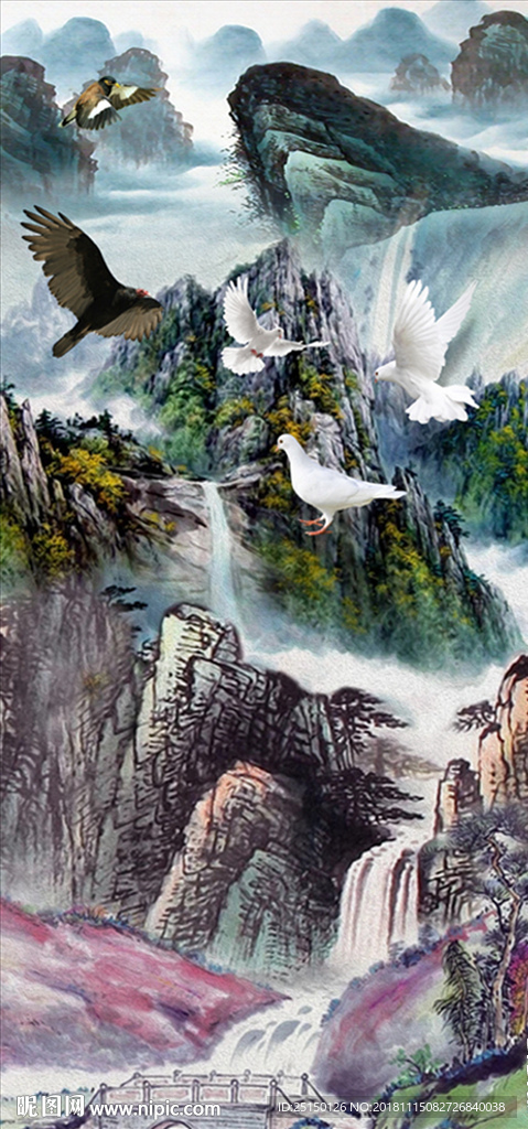 中式唯美水墨画山水画装饰画