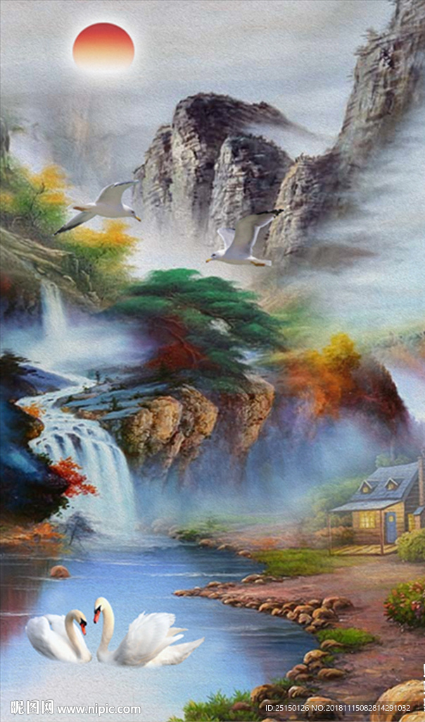 中式唯美意境山水画天鹅装饰画