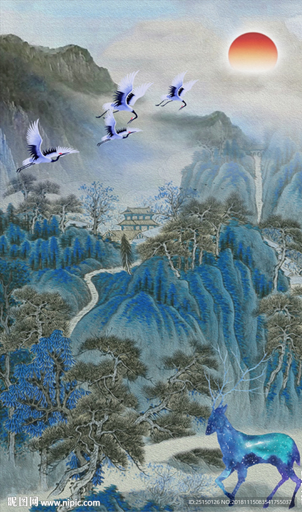 中式唯美山水画白鹤小鹿装饰画