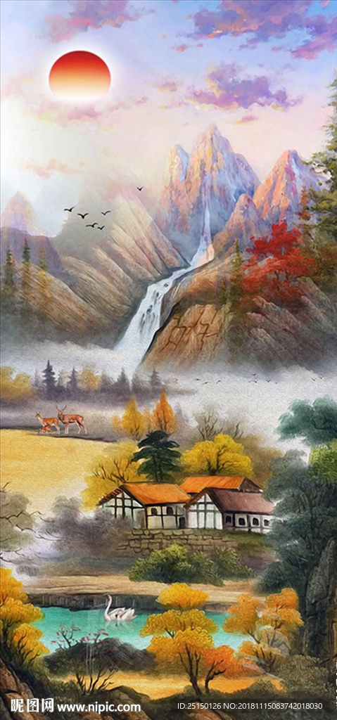 中式唯美山水村庄小鹿天鹅装饰画