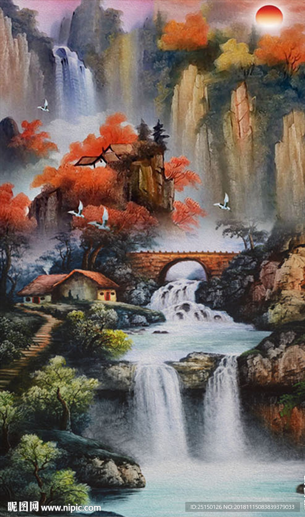 中式唯美山桥山水画装饰画