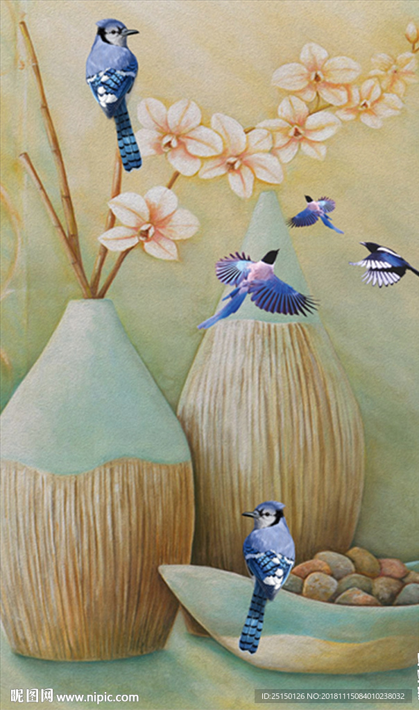 中式唯美花瓶花卉鸟儿装饰画