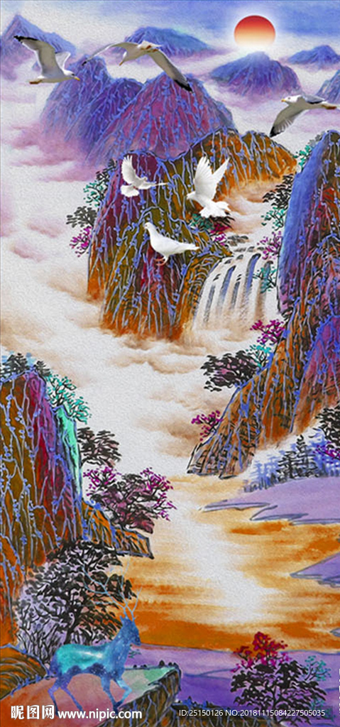 唯美大雁白鸽抽象山峰山水画