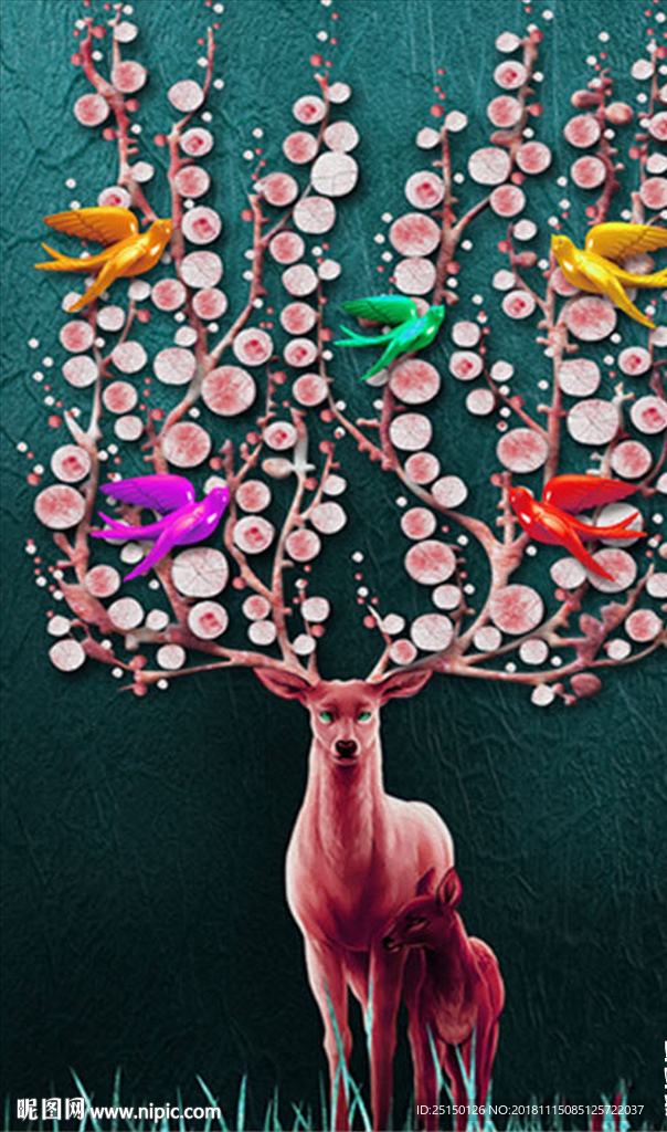 中式浮雕小鸟梅花鹿装饰画