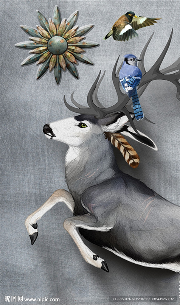 中式北欧唯美麋鹿小鸟装饰画