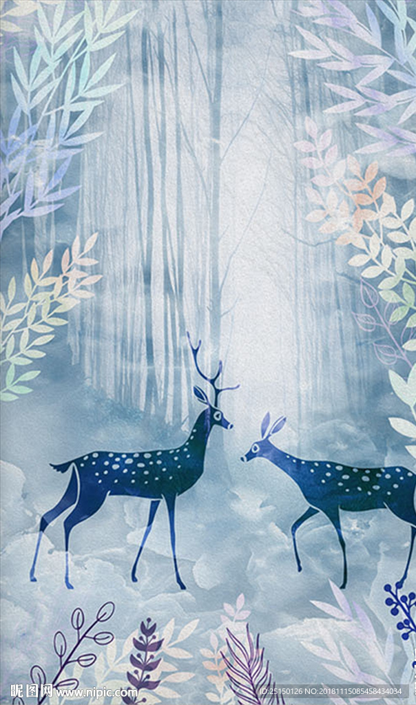 中式北欧森林麋鹿装饰画