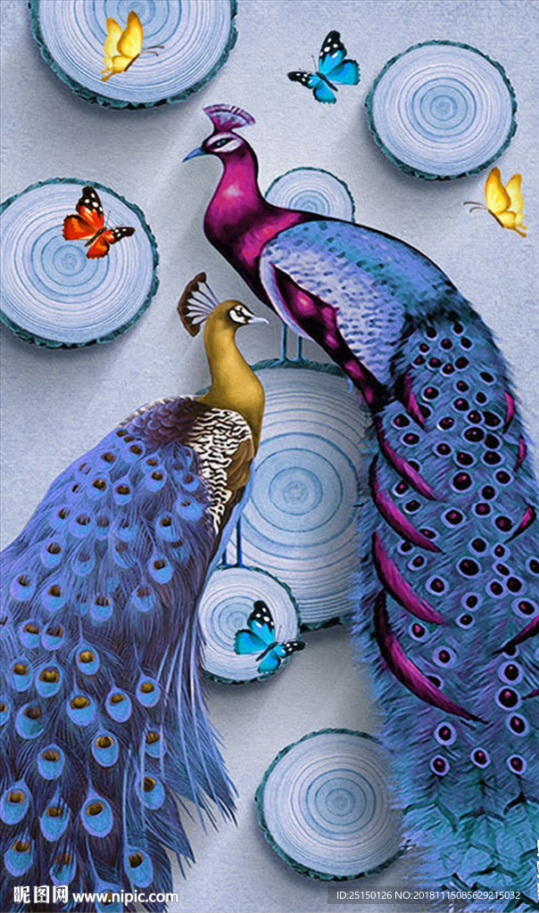 唯美手绘木纹孔雀蝴蝶装饰画
