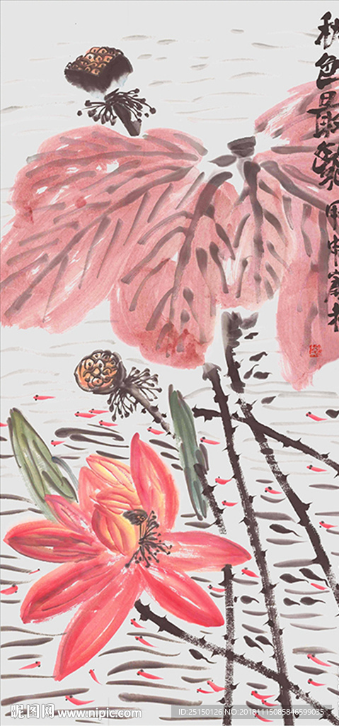 水墨手绘荷韵花鸟抽象装饰画