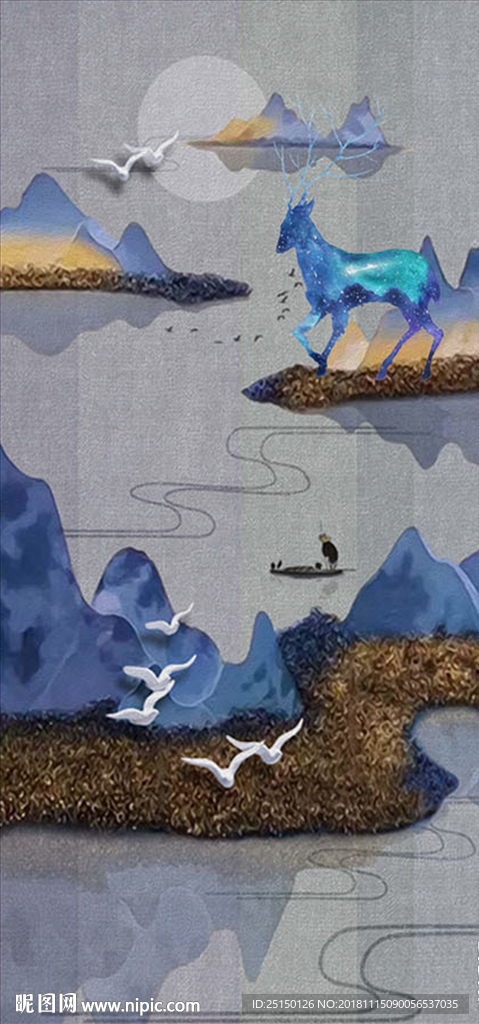 山水飞鸟小鹿装饰画