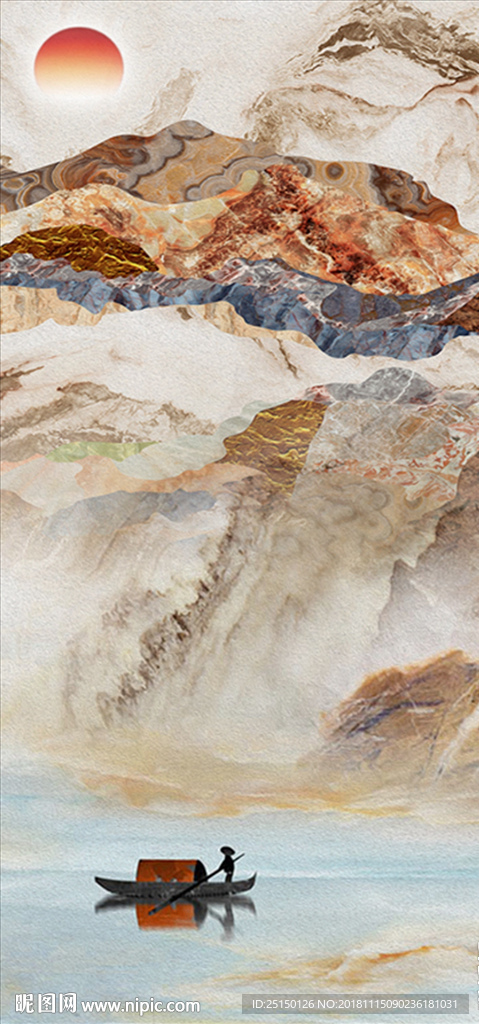 中式水墨大理石山水小船装饰画