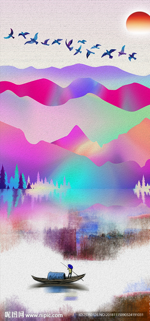 中式水墨抽象山水画小舟装饰画