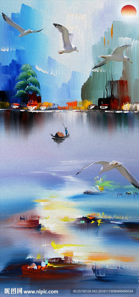 中式水彩抽象山水大雁装饰画