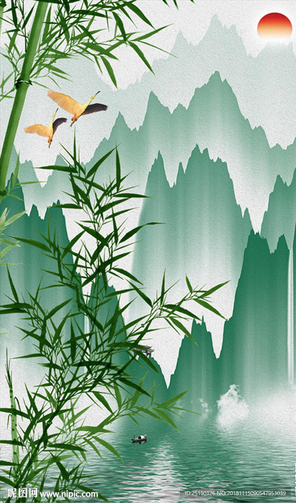 绿色飞鸟水墨山水装饰画