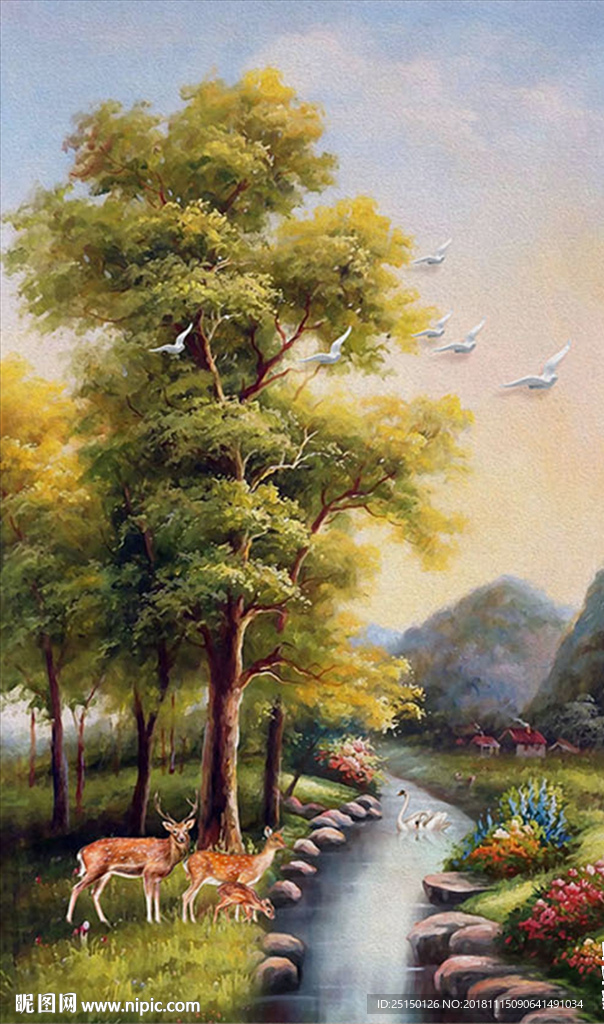 中式流水生财麋鹿装饰画