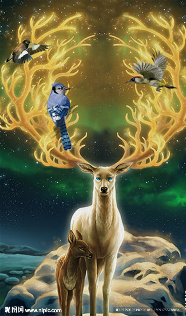 梦幻星空金色母子鹿装饰画