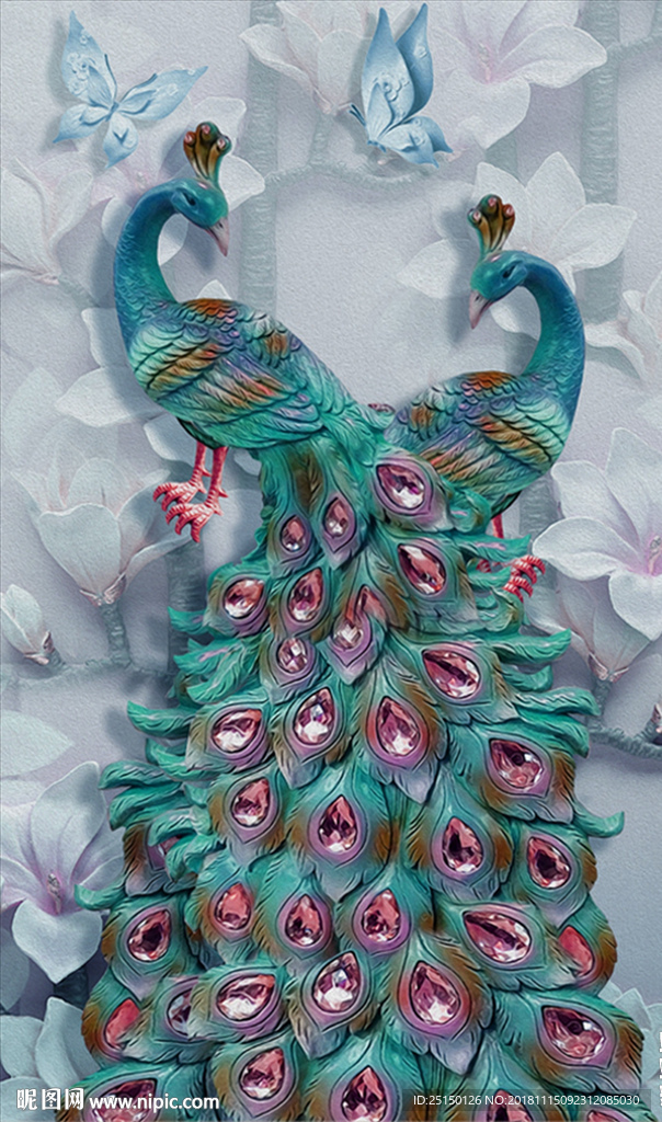 玉兰花孔雀蝴蝶装饰画