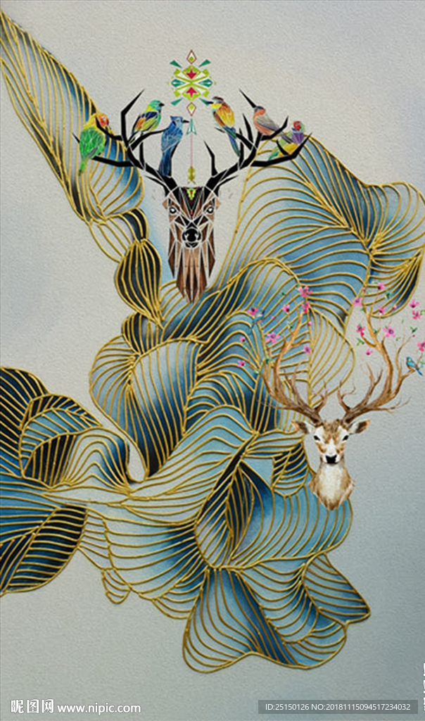 现代北欧线条梅花鹿装饰画