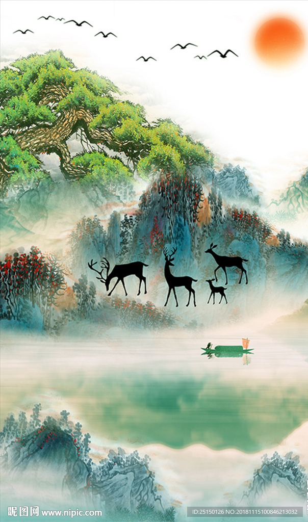 山水小鹿装饰画