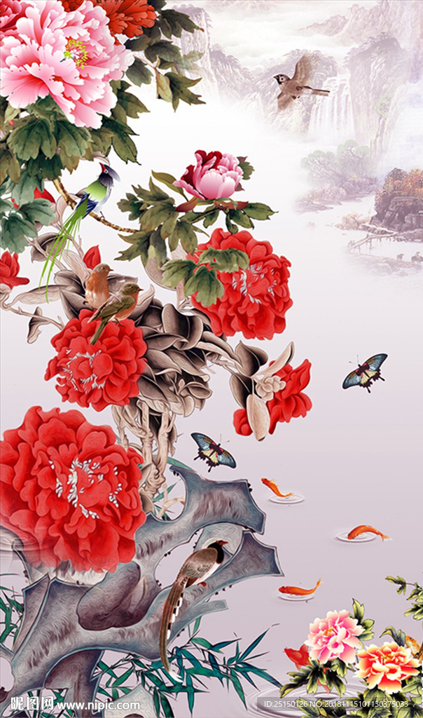 牡丹小鸟装饰画