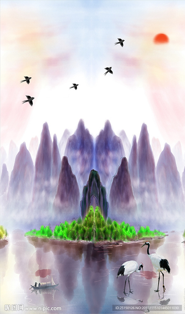 绿色山水白鹭装饰画