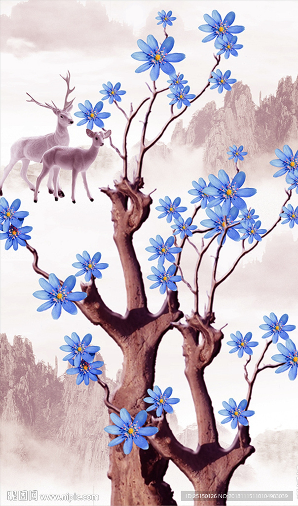 白鹿树枝花卉装饰画