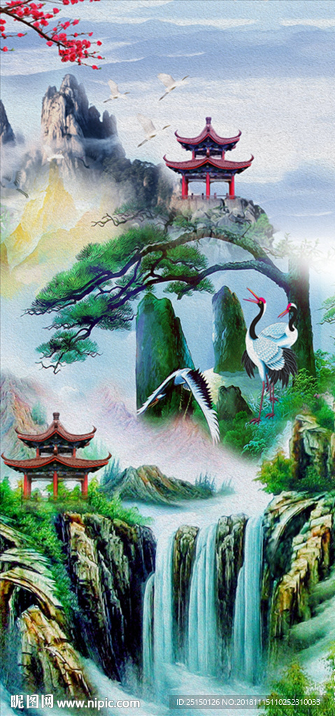 中式迎客松梅花仙鹤瀑布装饰画