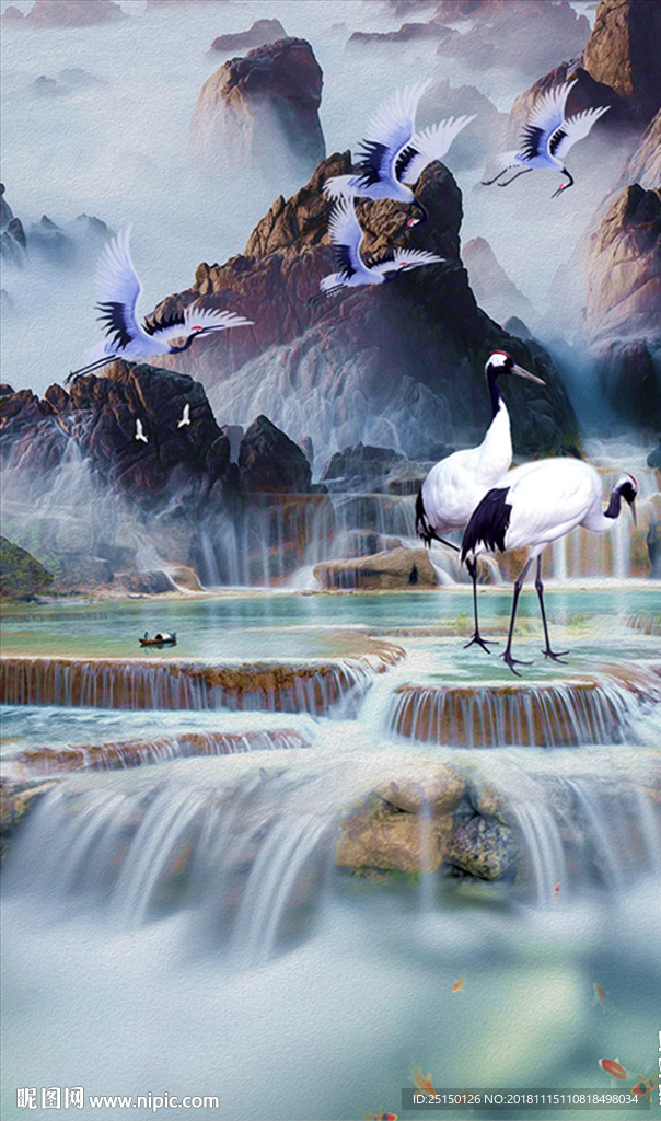 中式唯美山水画白鹤装饰画