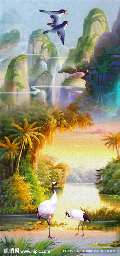 中式唯美山水画白鹤飞鸟装饰画