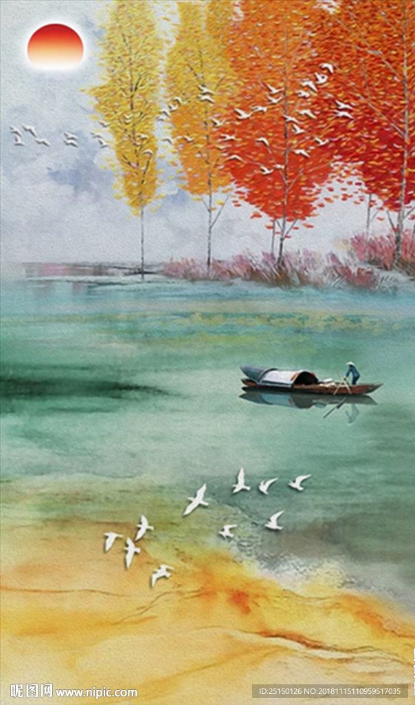 唯美飞鸟稀小船山水画装饰画