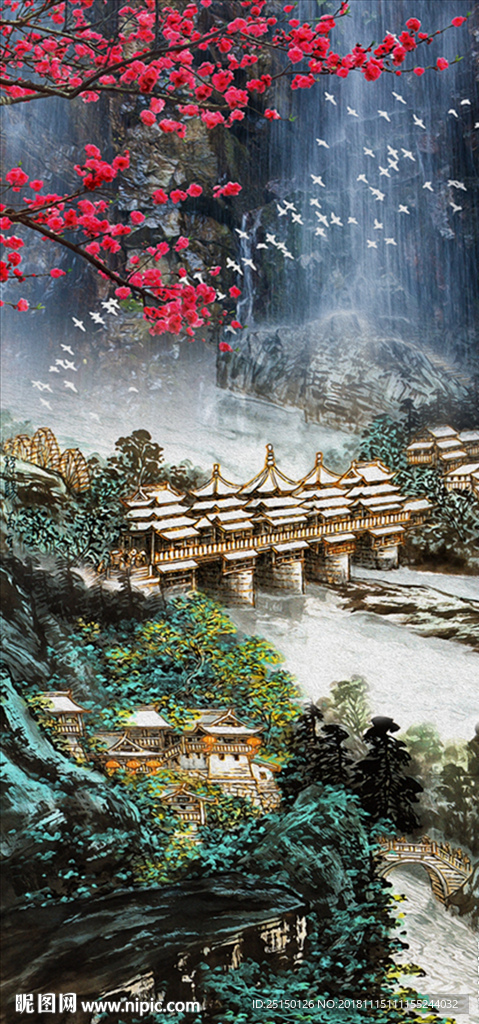中式桃花瀑布峡谷山水画装饰画