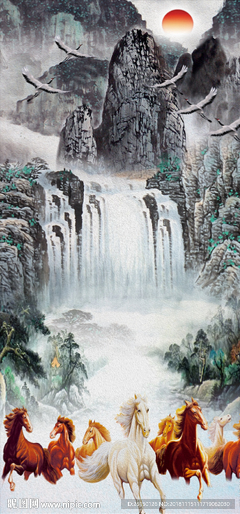 中式瀑布八骏马到成功装饰画