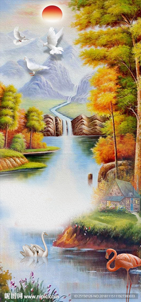 小溪天鹅山水画装饰画