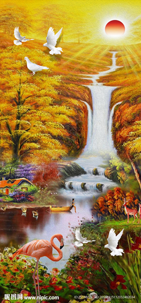 中式金秋山水画火焰鸟鸽子装饰画