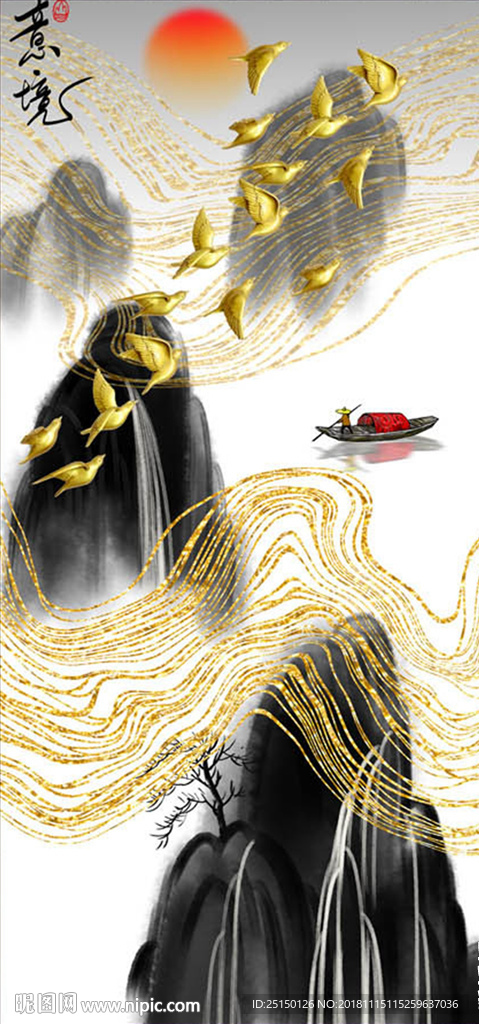 中式抽象线条山水飞鸟背景装饰画